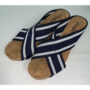 Lucky Brand Miller 2 Womens Tan Cork Wedges 8.5 Blue White Sandals Heels Shoes
